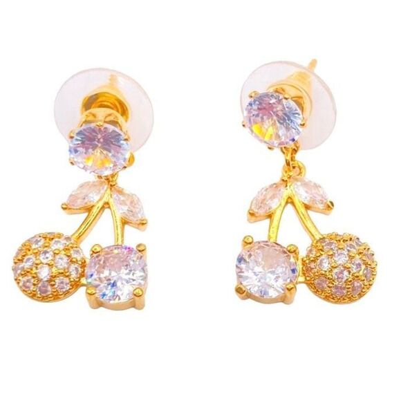 Gold crystal cherry dangle earrings - Picture 1 of 4